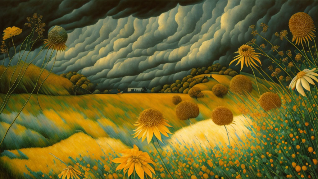 Vibrant sunflower field painting with dramatic sky and distant house