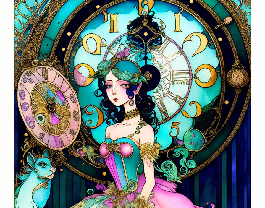 Whimsical fairytale illustration with woman, clocks, and fantastical creature