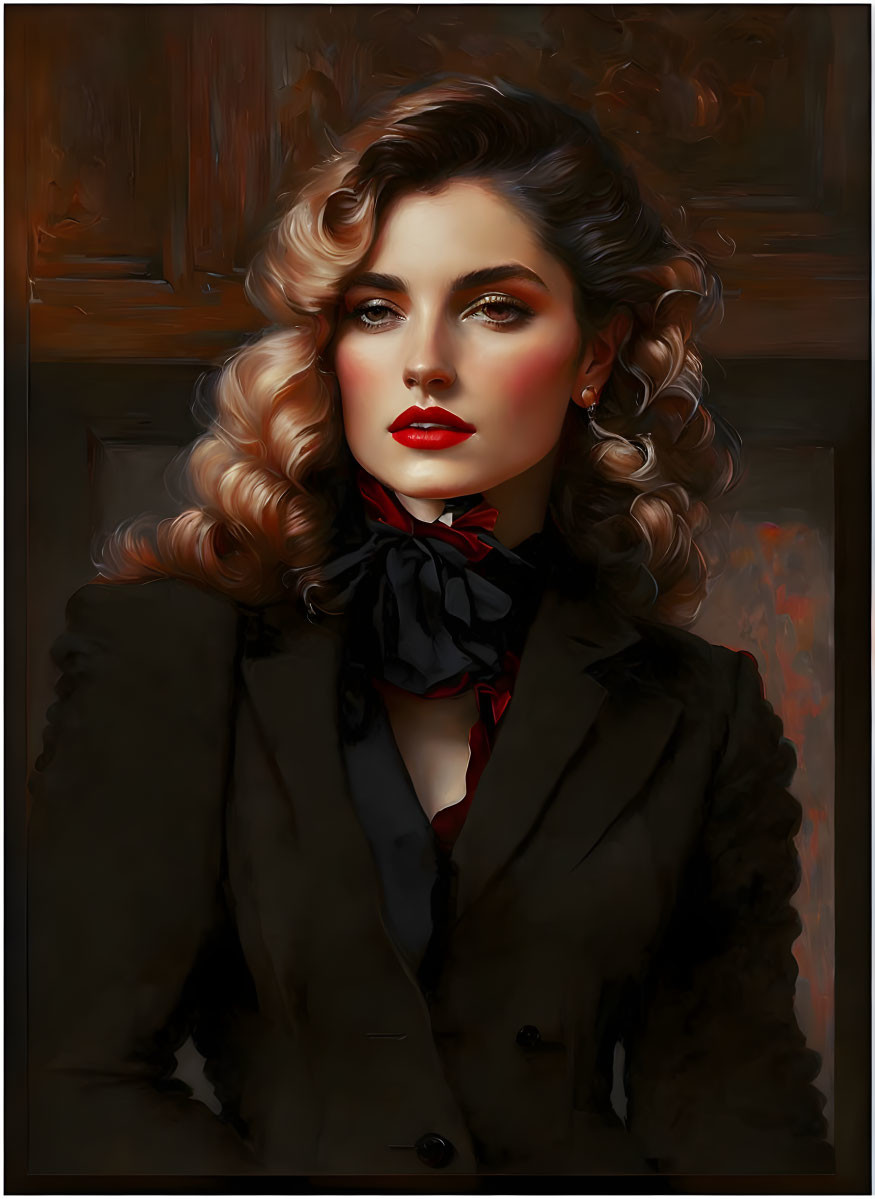 Stylized portrait of woman with curly hair and red lipstick