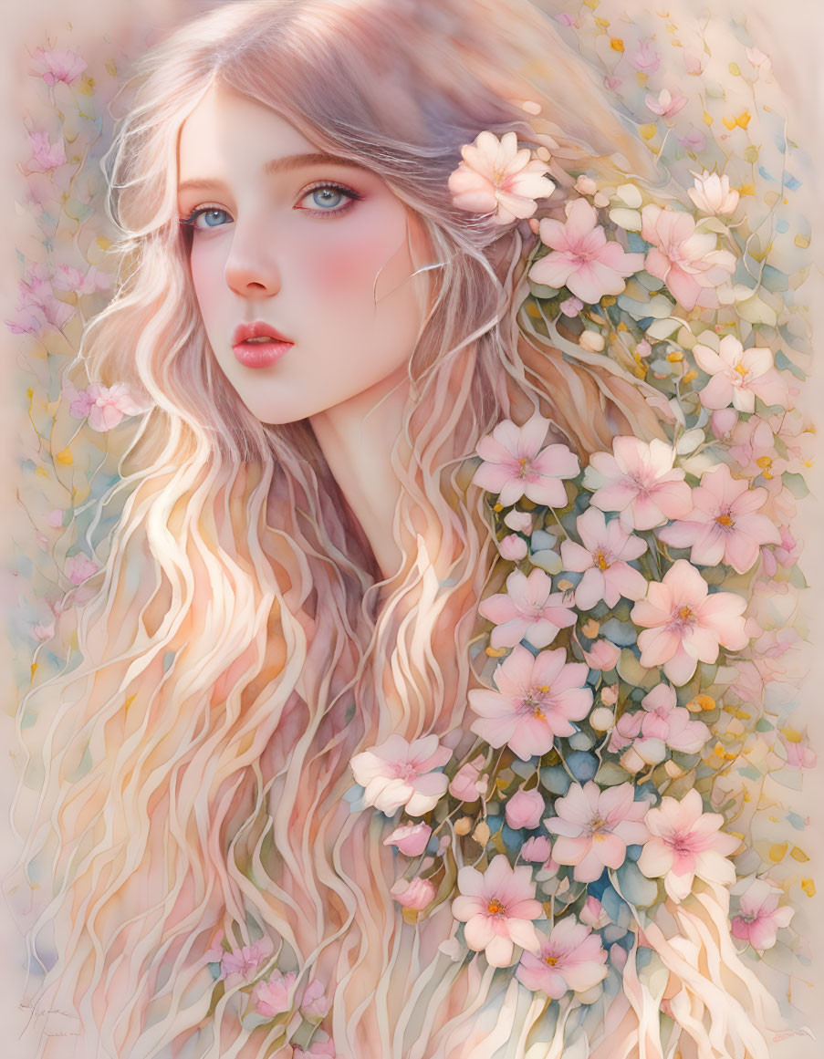 Young woman portrait with wavy hair and pink flowers in soft colors