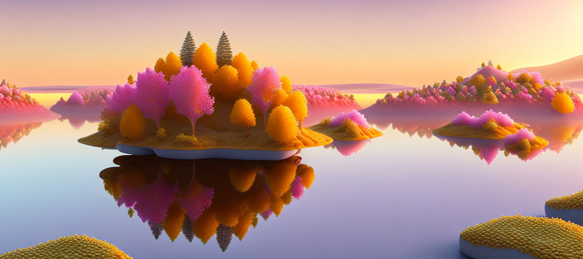 Colorful Stylized Trees on Islands Reflecting in Still Waters at Sunset