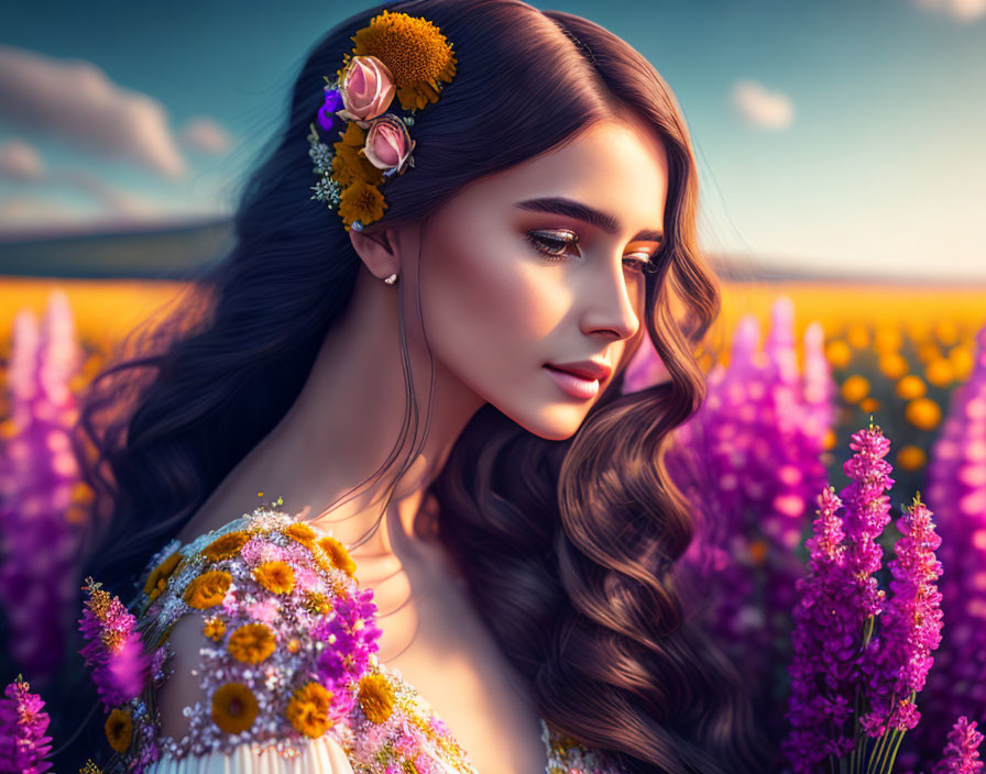 Woman with flowers in hair surrounded by vivid purple field and soft sunlight.