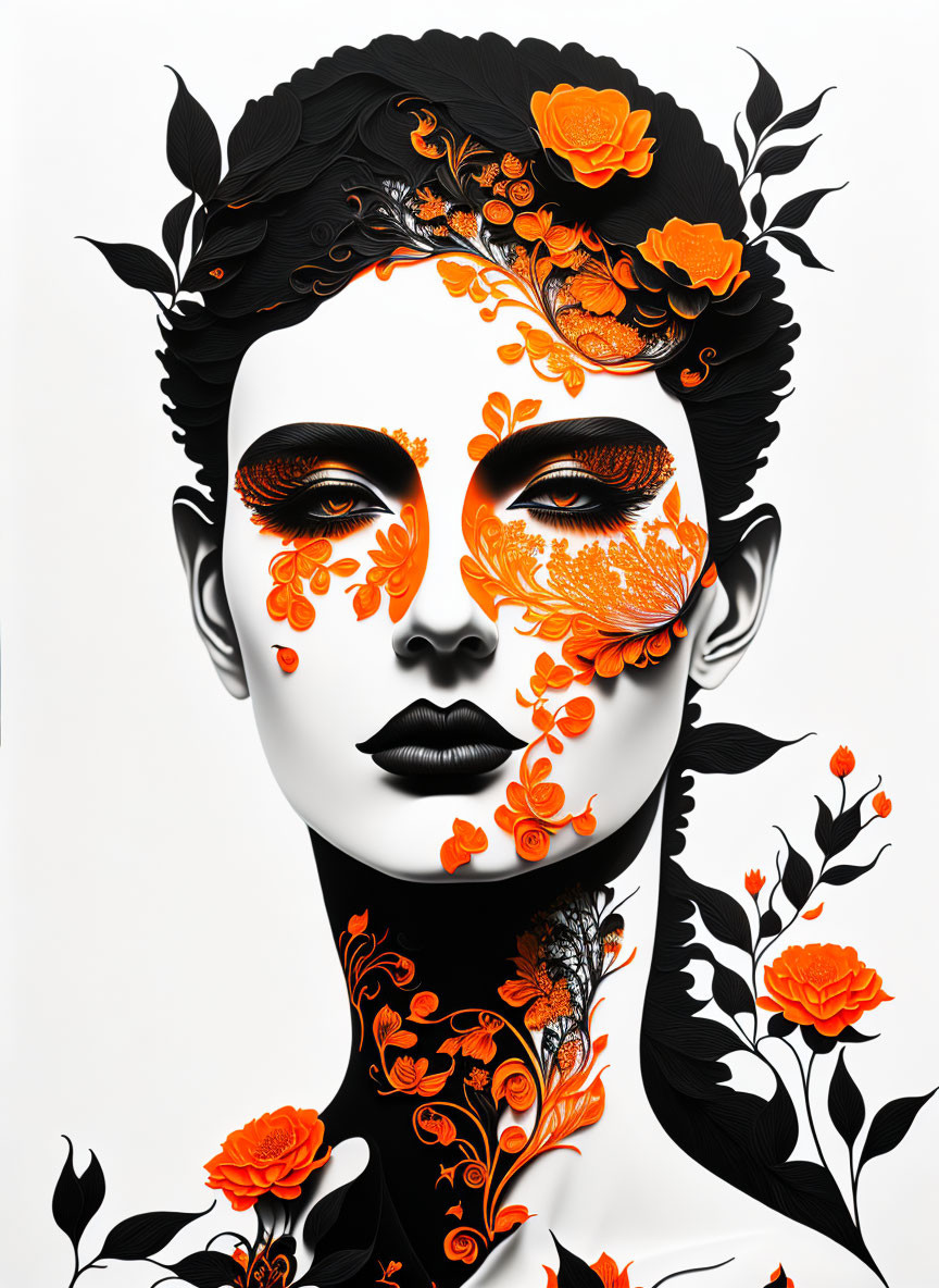 Stylized portrait of figure with black hair and vibrant orange floral patterns