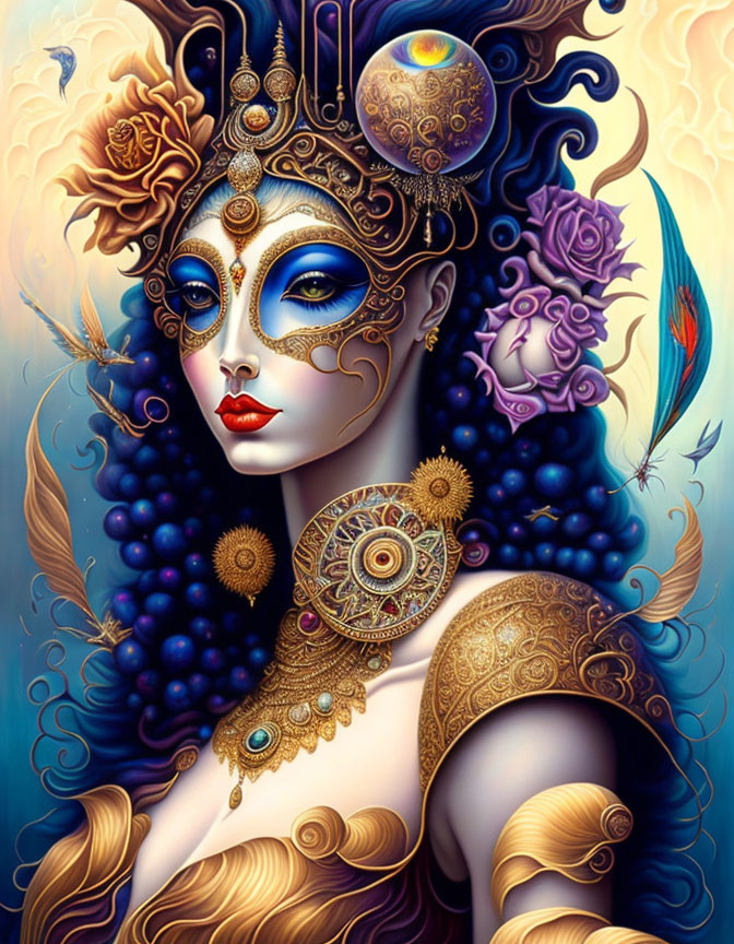 Colorful digital art of woman with gold and blue face paint & celestial motifs