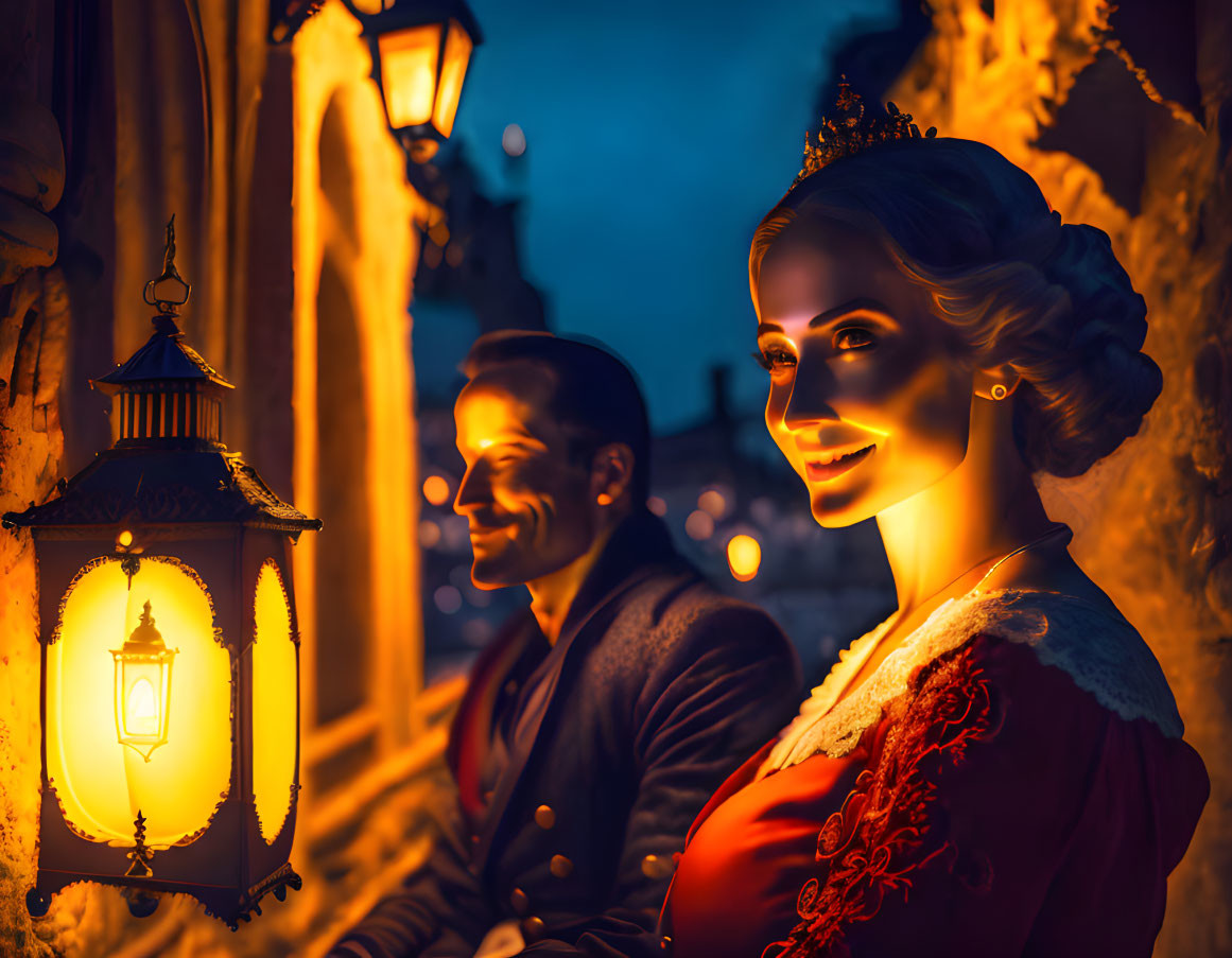 Vintage attire couple by glowing lantern at night