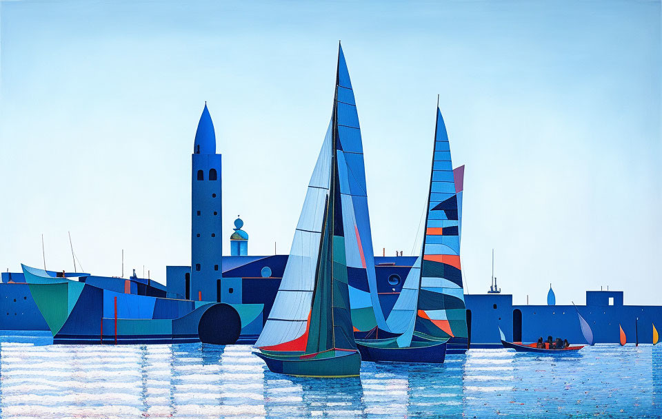 Vibrant sailboats with geometric patterned sails near serene waters and coastal town silhouette.