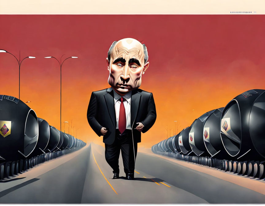 Cartoon illustration: Person in suit with oversized head on road with symbols and pipes under orange sky