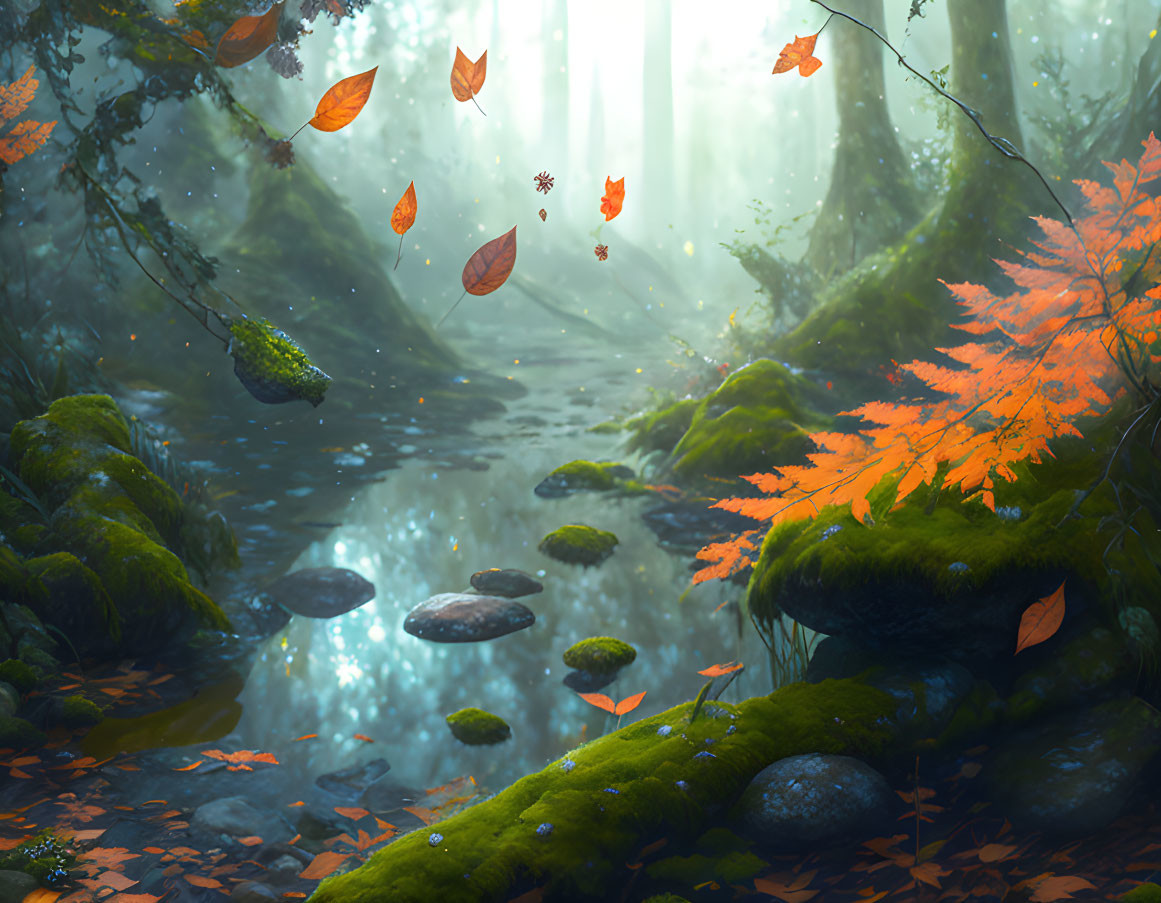 Misty Creek in Autumn Forest with Mossy Stones & Falling Leaves