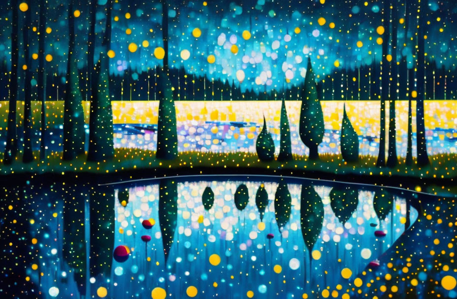 Vibrant Starry Night Painting with Reflections in Water