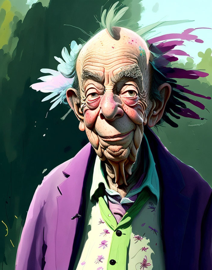 Colorful caricature of an elderly man in purple jacket and green floral shirt.