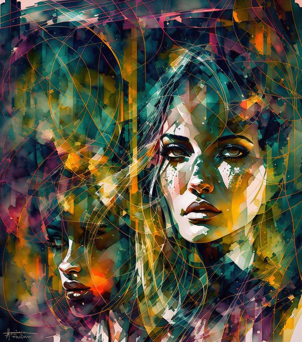 Colorful Watercolor Art: Two Female Faces in Abstract Design