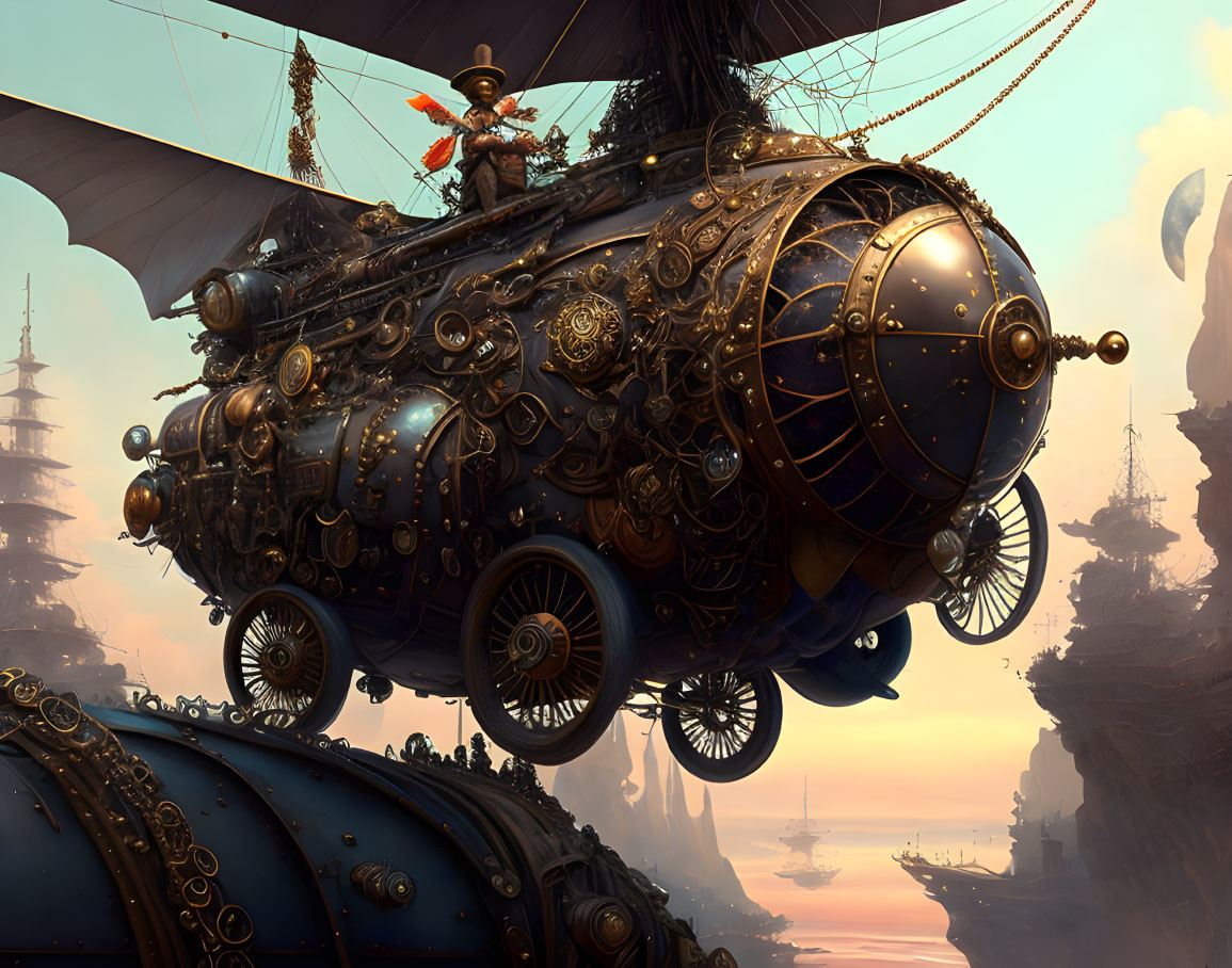 Steampunk airship with intricate gears over city skyline.