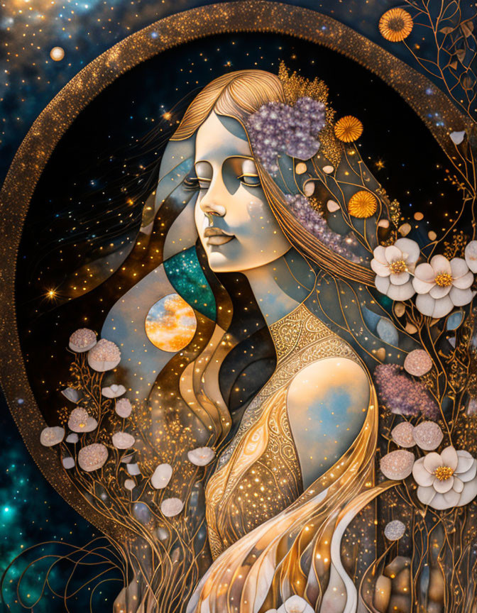 Celestial-themed woman illustration with stars, flowers, and planets on dark background