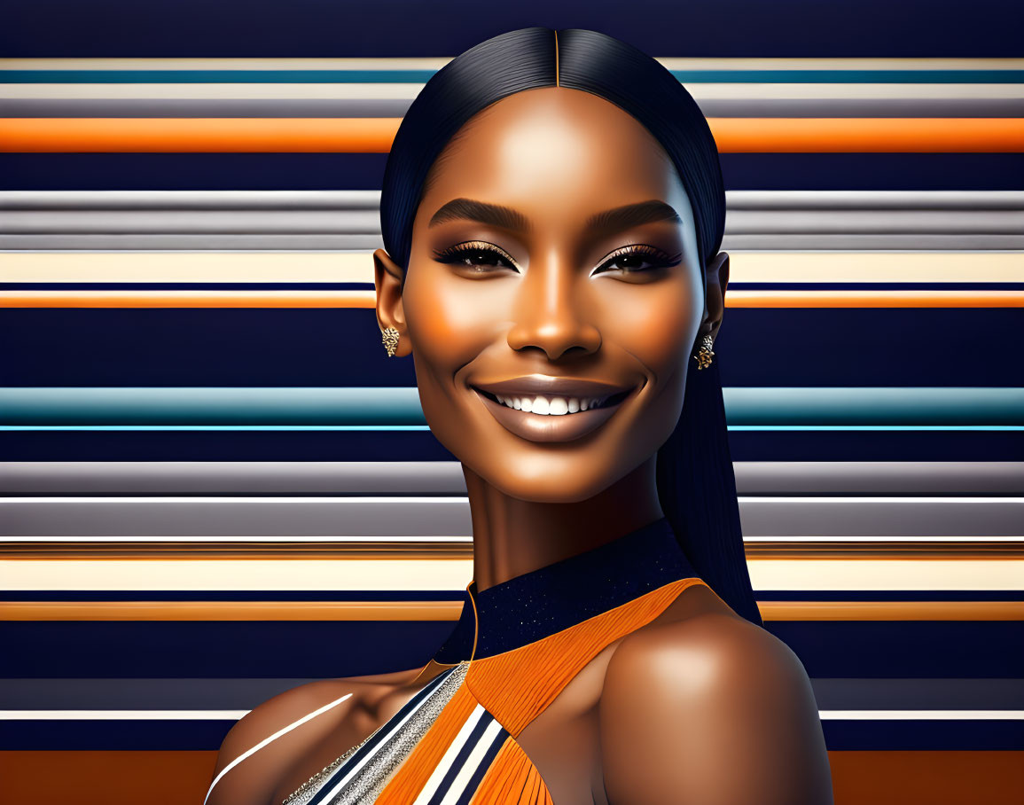 Smiling woman with slicked-back hair in striped dress on orange background