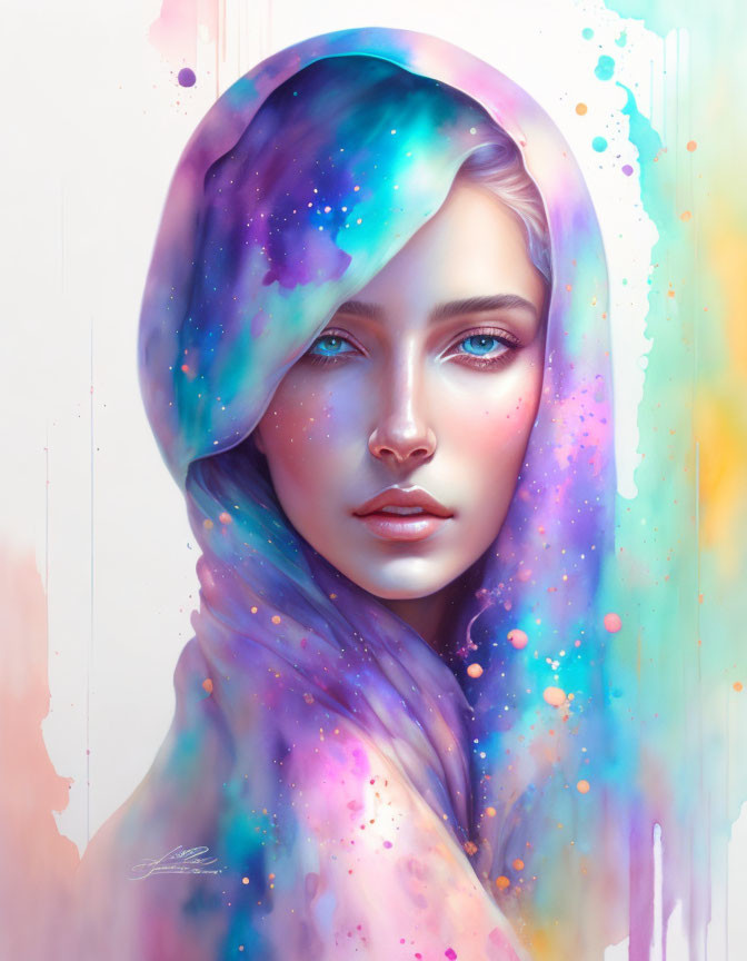 Colorful cosmic-themed shawl draped over woman in celestial setting