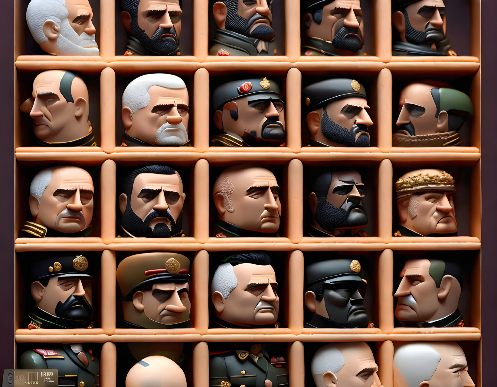 Diverse Military Officer Caricature Figurines Displayed in Grid Case