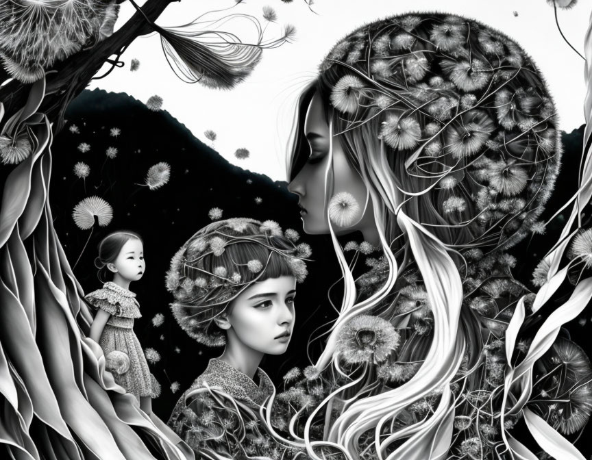 Monochrome illustration of woman and child with dandelions, surrounded by floral elements