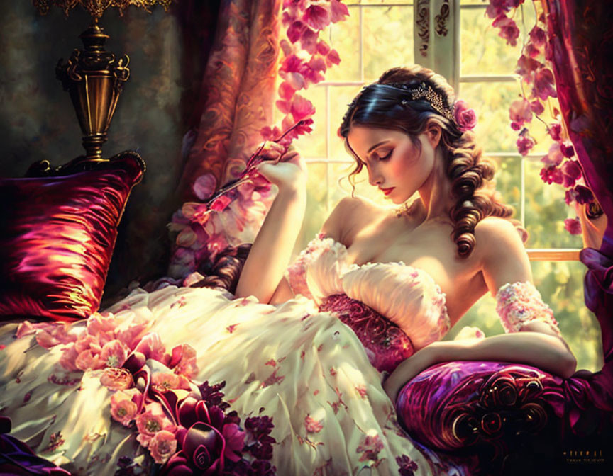 Pensive woman in floral dress by window in vintage-inspired setting