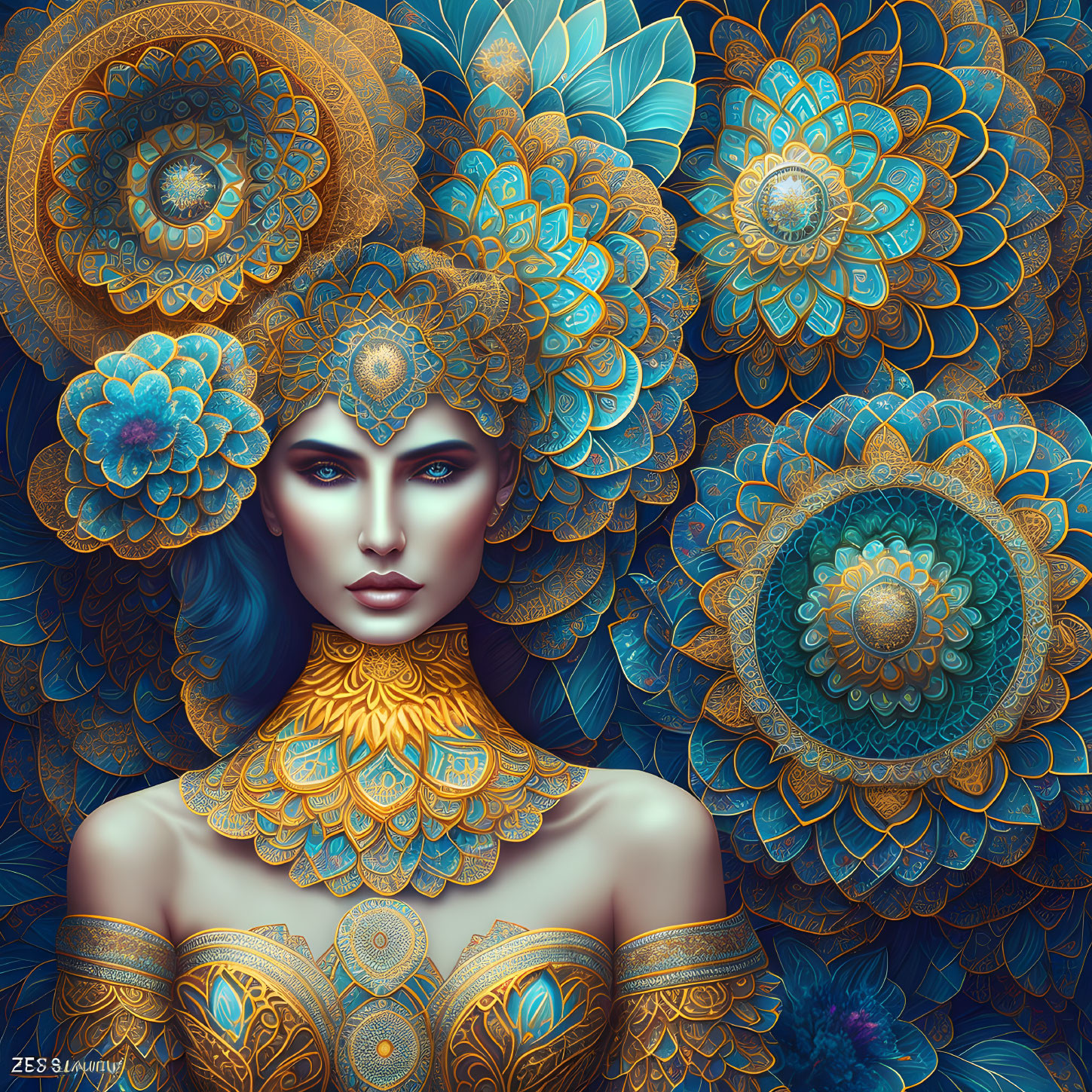 Intricate floral and mandala patterns in vibrant colors on a digital art.