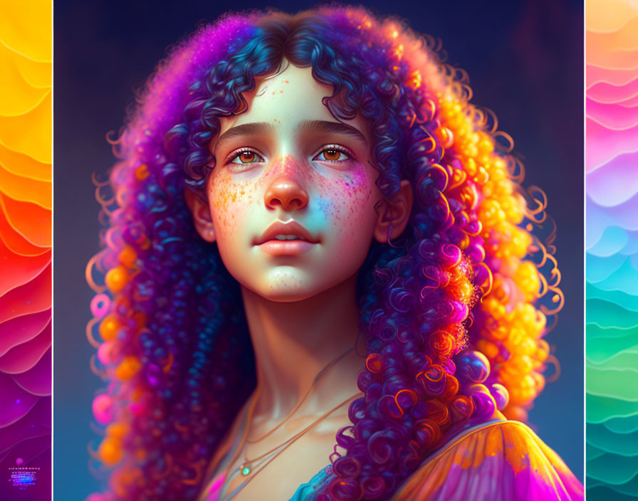 Colorful Digital Artwork: Girl with Vibrant Curly Hair on Gradient Background