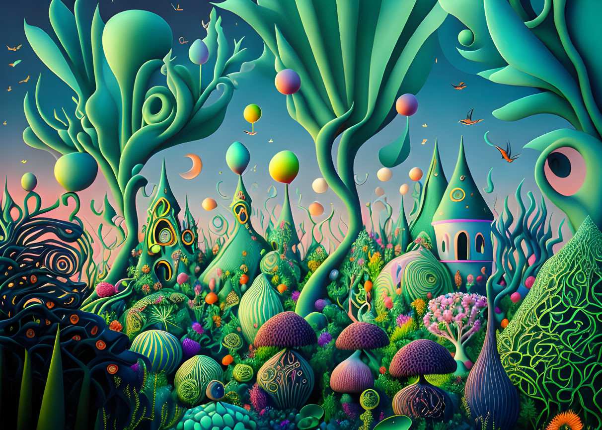 Fantastical landscape with whimsical plants, mushrooms, orbs, and castle in colorful forest