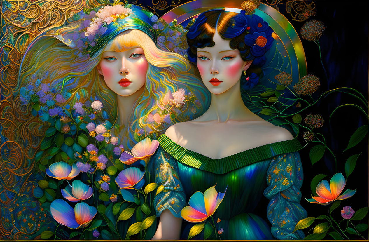 Colorful digital painting of two women with floral headdresses and flowing garments against botanical backdrop