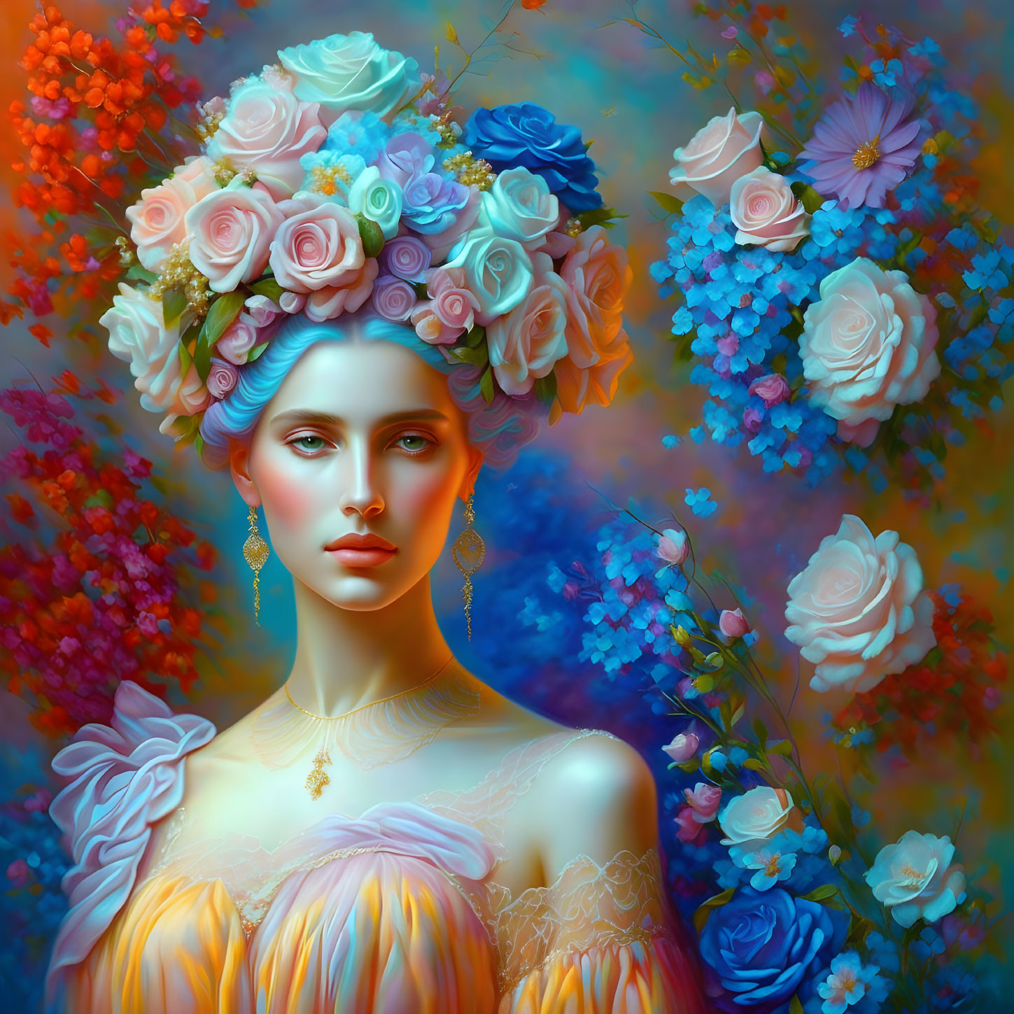 Colorful Floral Crown Portrait of Woman with Flowers