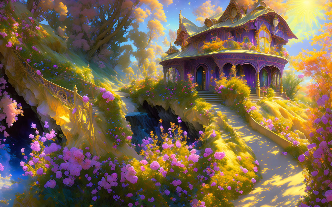 Majestic purple house in vibrant fantasy landscape