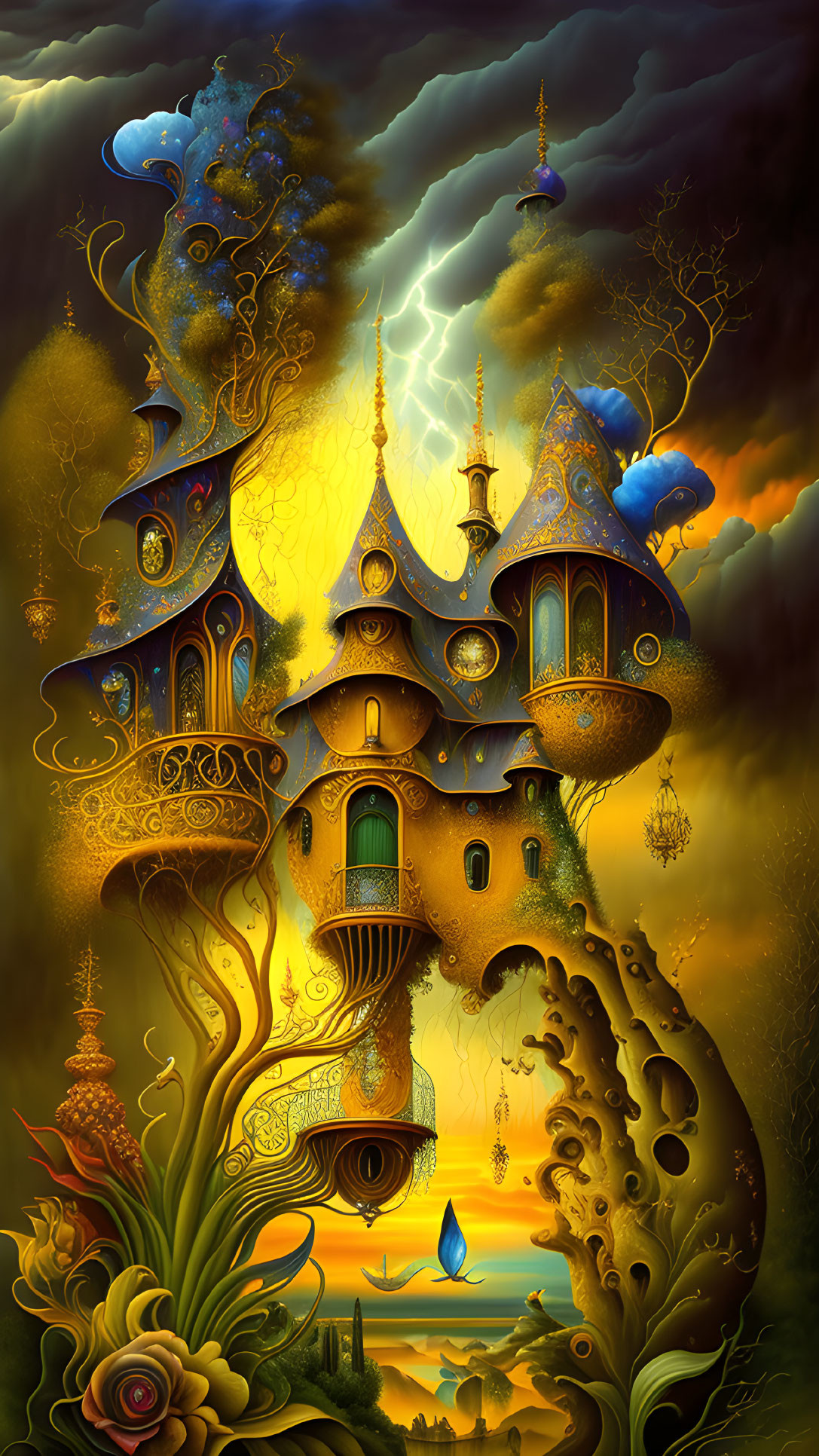 Surreal artwork: Whimsical house with golden spires in fantastical landscape