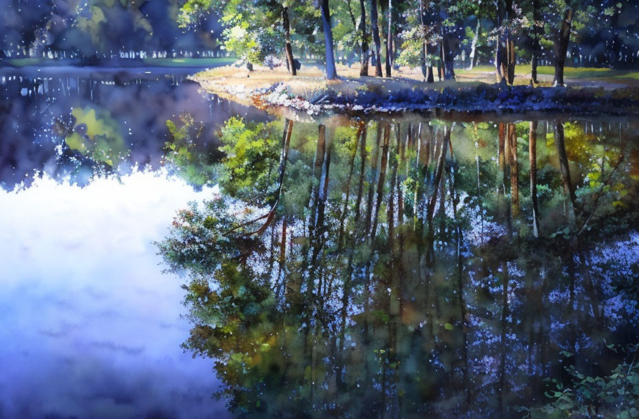 Tranquil landscape with trees reflected in still lake