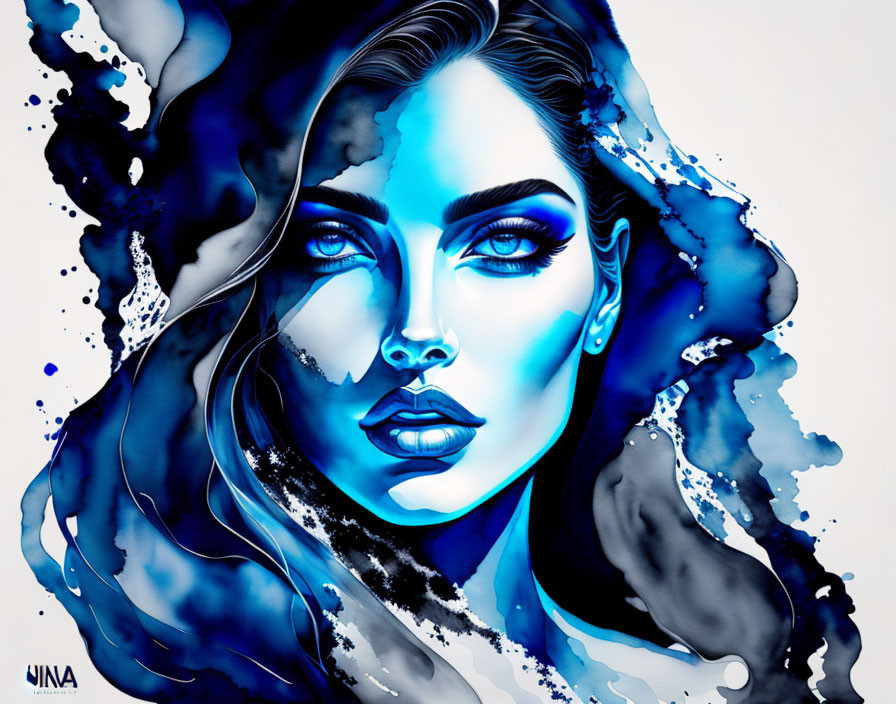 Monochromatic portrait with abstract blue watercolor splashes