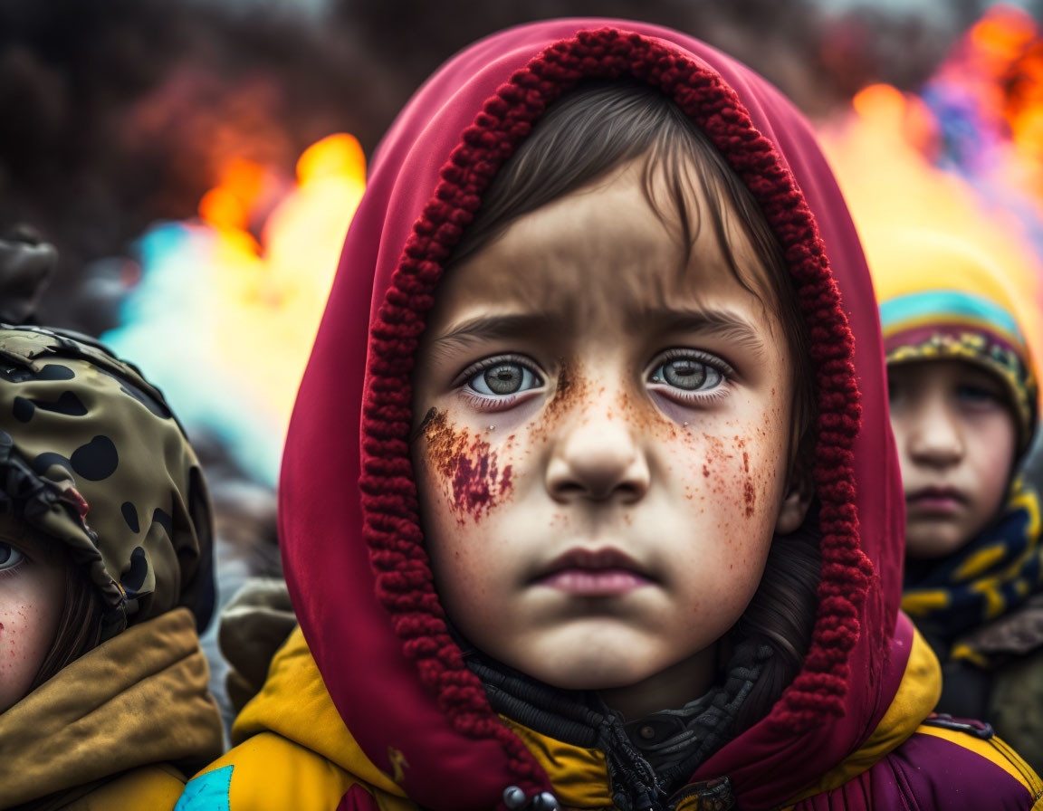 Child in red hood with solemn expression, freckles, and smudge, against blurry flames.