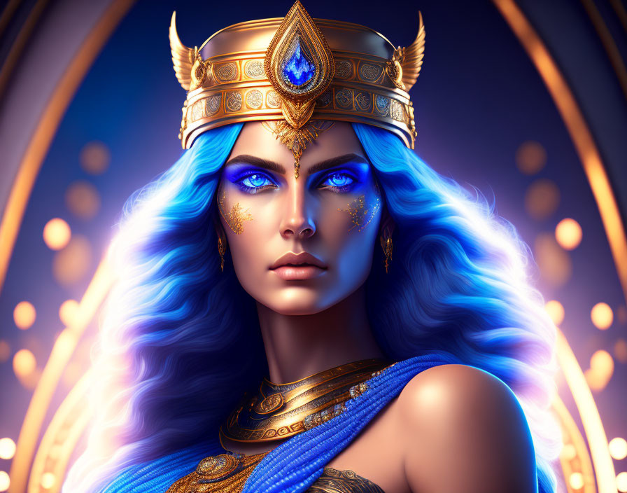 Fantasy digital artwork of female character with blue skin and intricate gold accessories