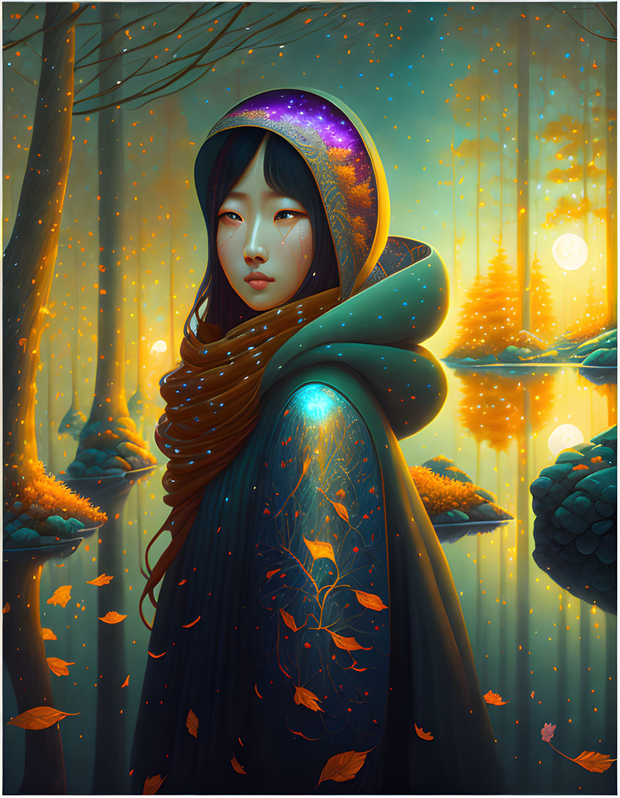 Ethereal woman in space-themed hood in mystical forest