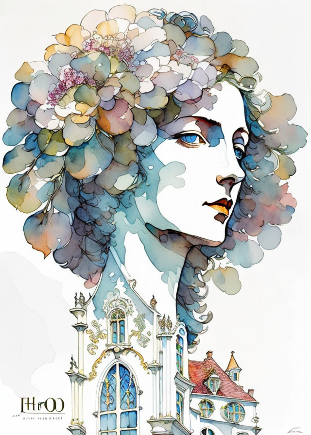 Stylized portrait blending woman's profile with floral and architectural designs