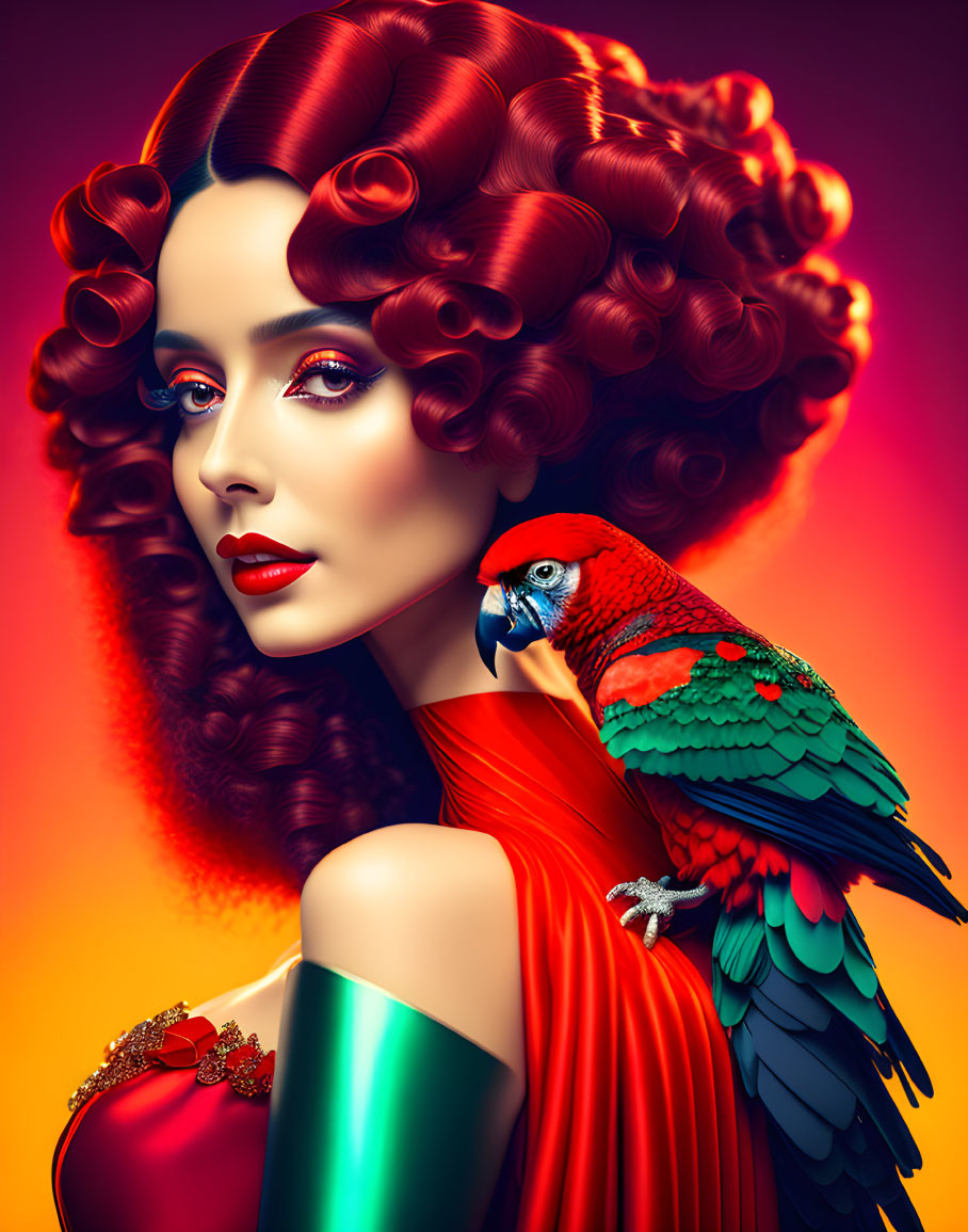 Voluminous red curls and blue-eyed woman with parrot on shoulder against warm red backdrop