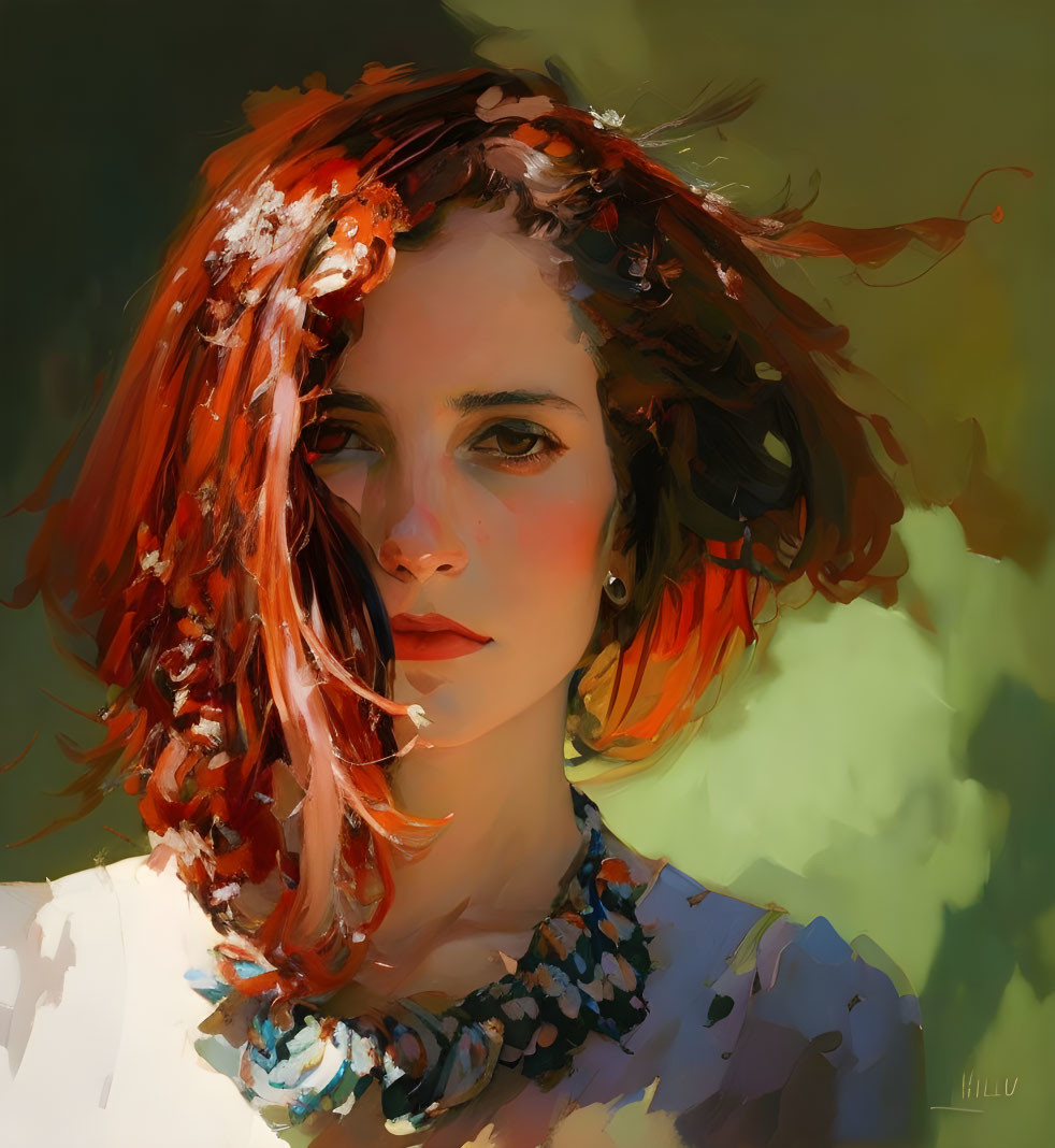 Red-Haired Woman with Flower Adornments in Digital Painting