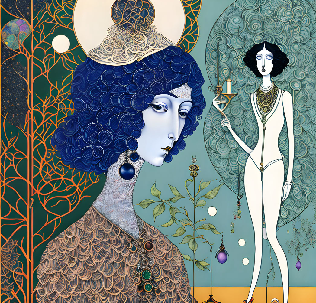 Stylized female figures with intricate patterns against celestial backdrop