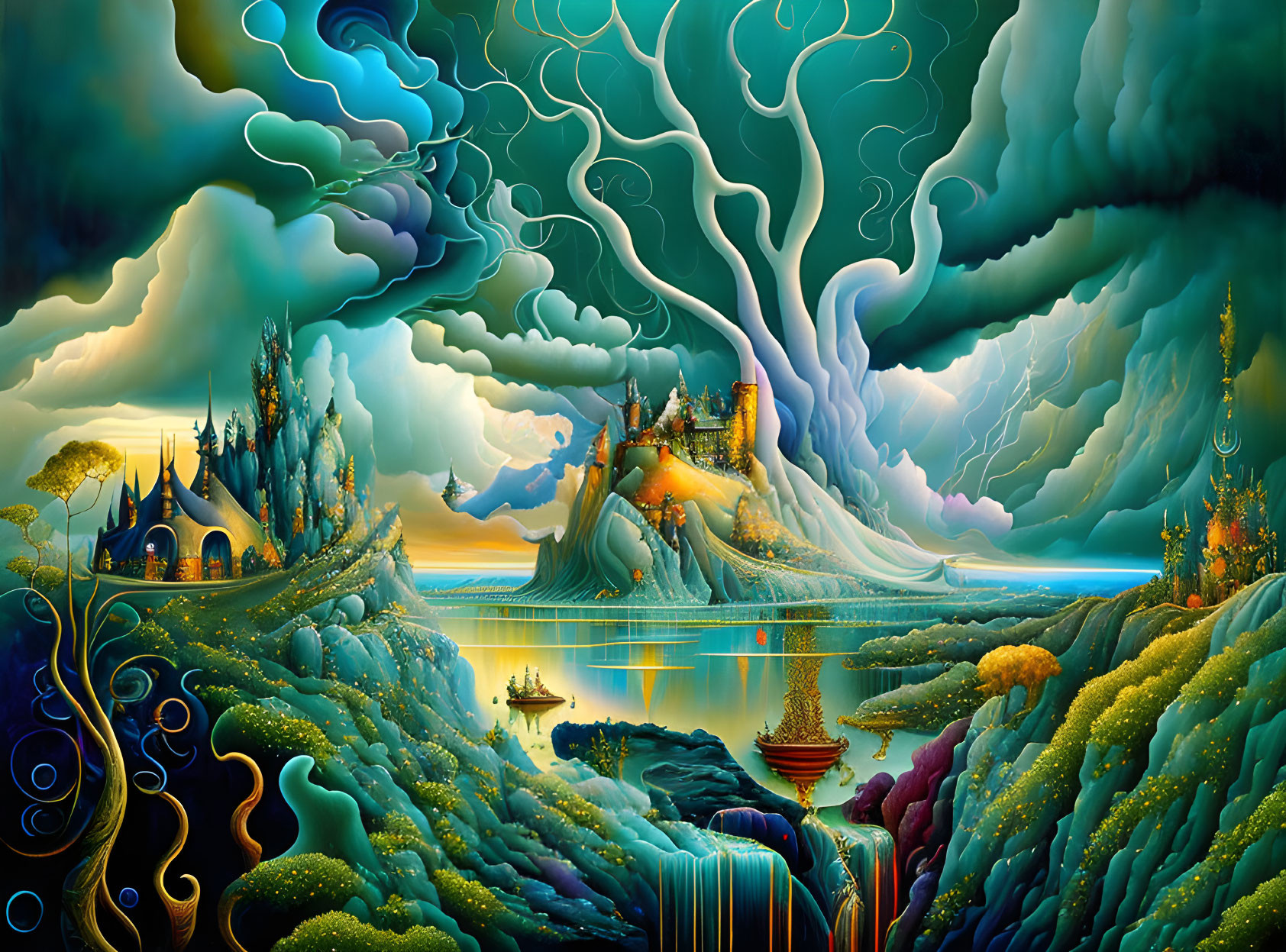 Surrealistic landscape with swirling clouds, castle, hills, and river