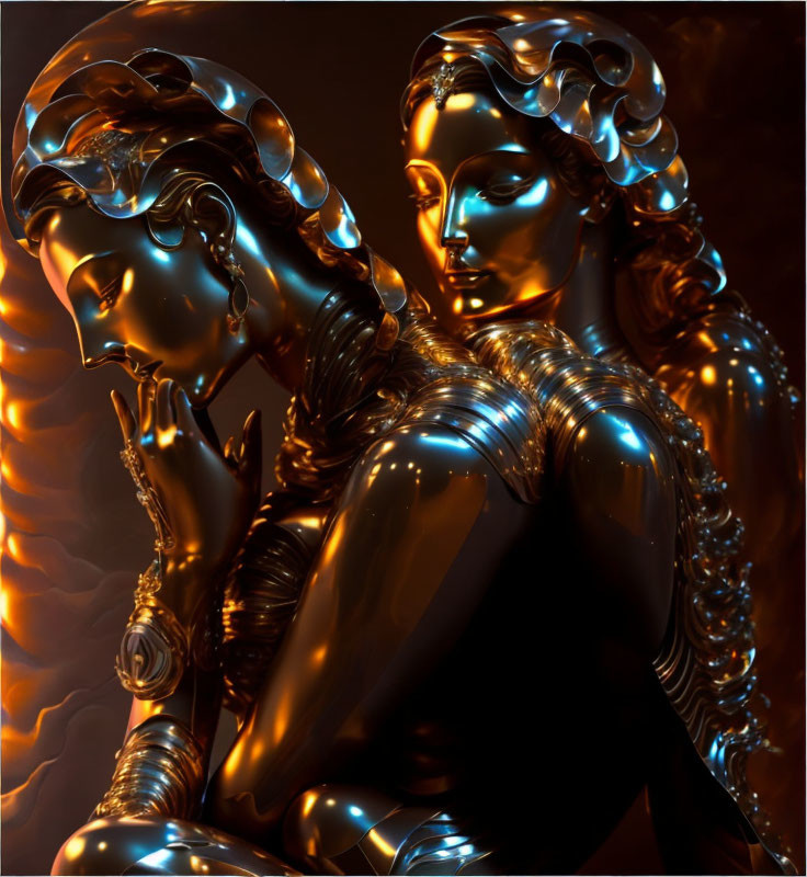 Glossy metallic figures with intricate hairstyles under warm golden light