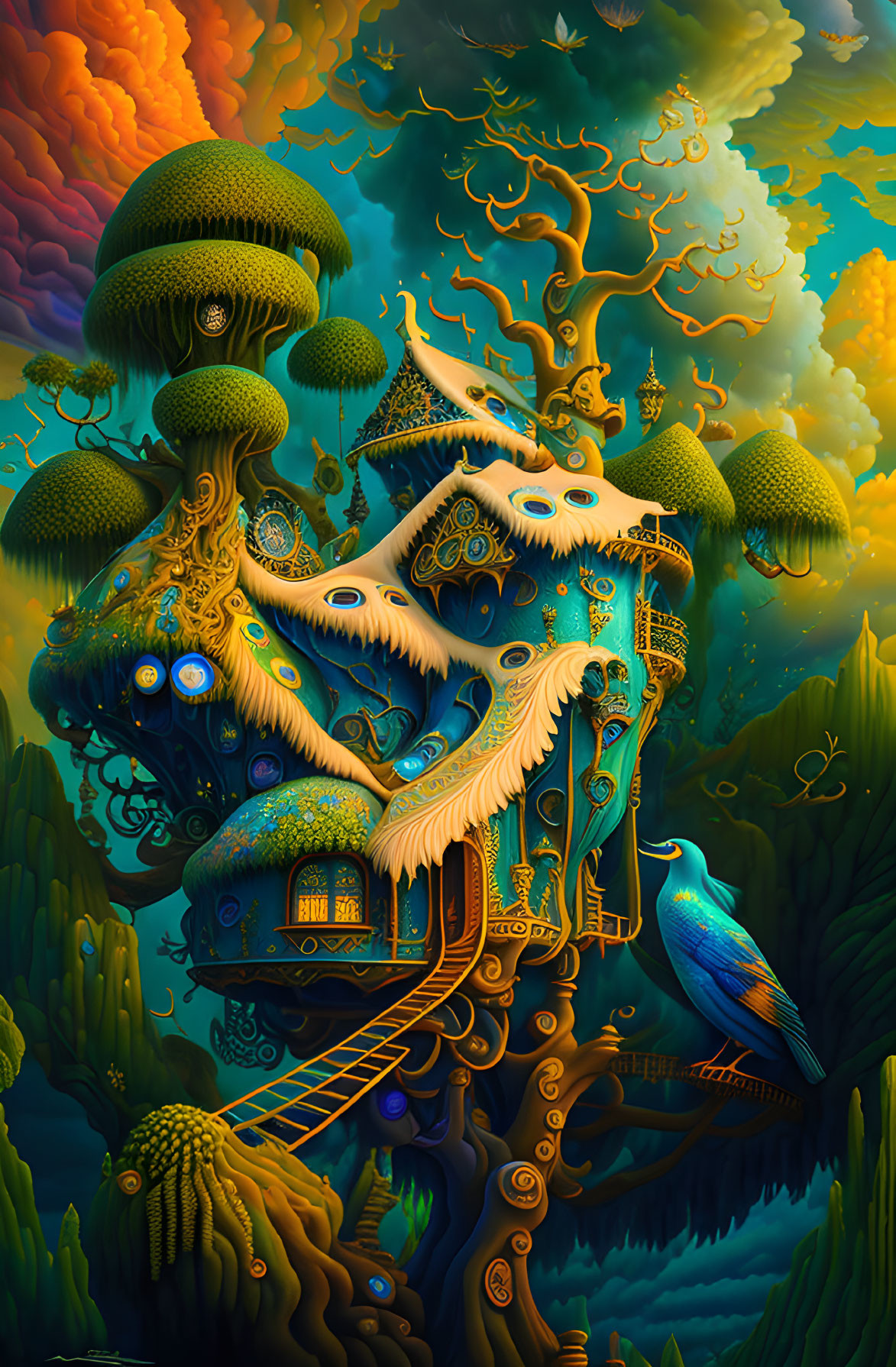 Fantastical artwork of a surreal tree with ornate designs and a blue bird.