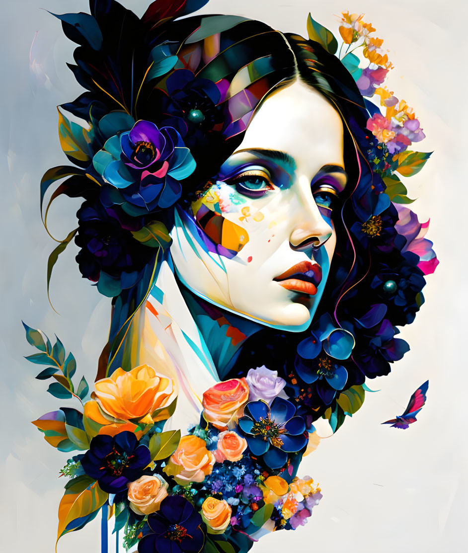 Vivid Woman Portrait with Floral and Butterfly Elements