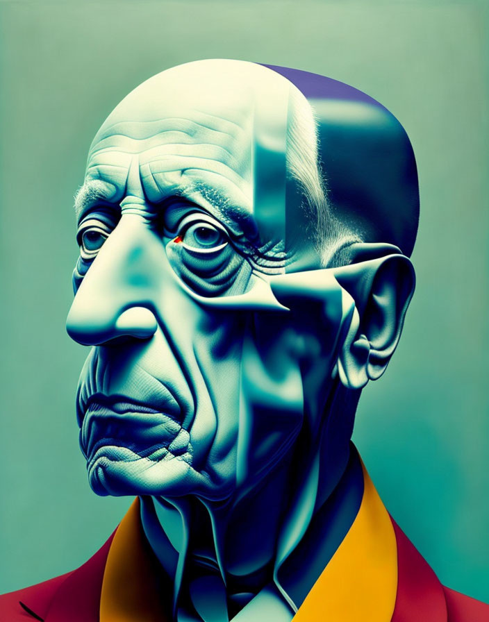 Colorful Split Digital Portrait of a Solemn Man with Exaggerated Features