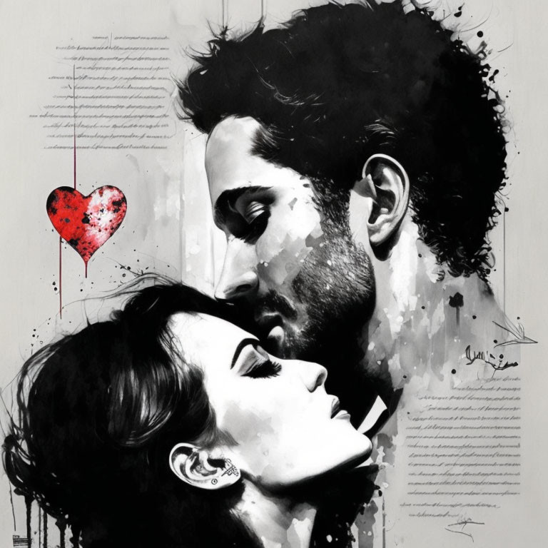 Monochromatic art: Man and woman near kiss, red heart above