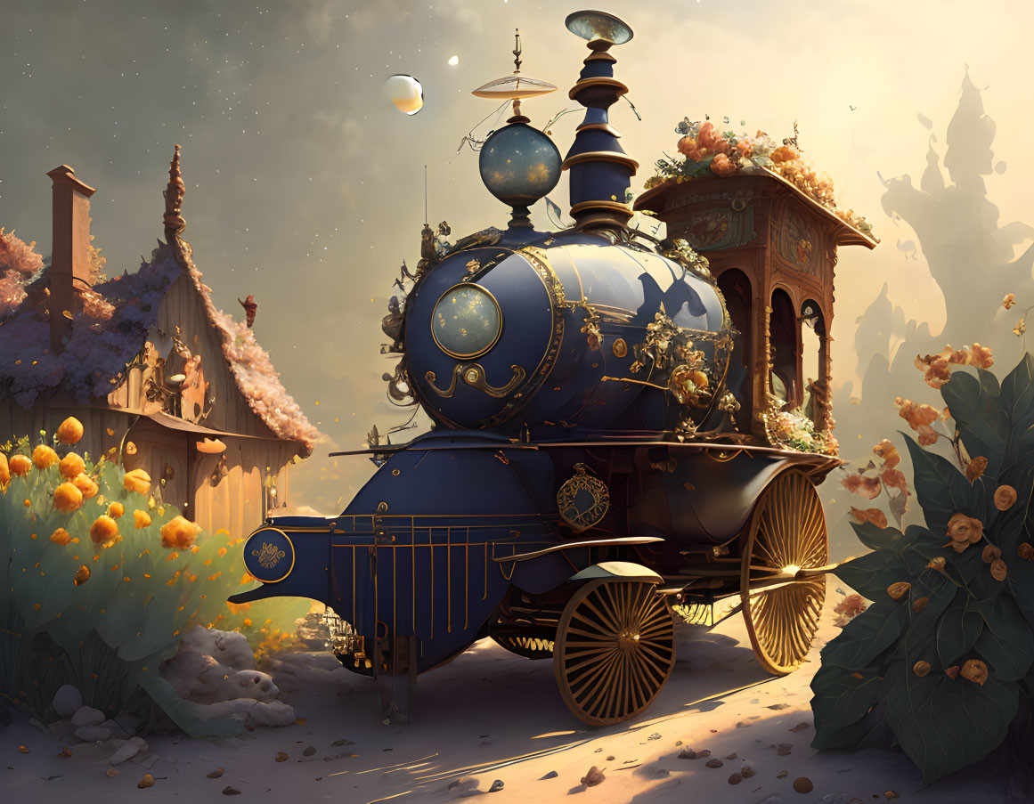 Ornate steampunk vehicle with celestial motifs in dreamlike landscape