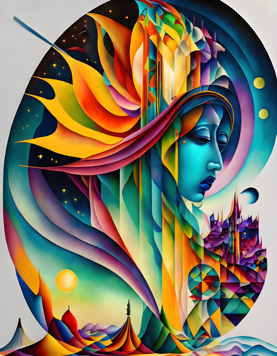 Vibrant digital artwork of woman's profile with cosmic scenery