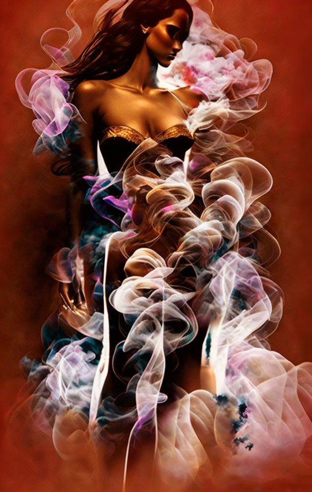 Colorful Smoke Flowing Dress Woman Artwork on Red Background