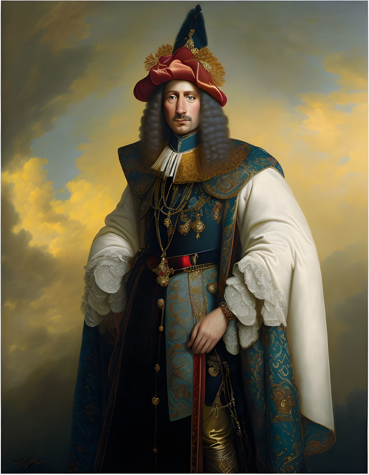 Regal 17th-Century Figure in Opulent Attire with Sword and Hat against Dram