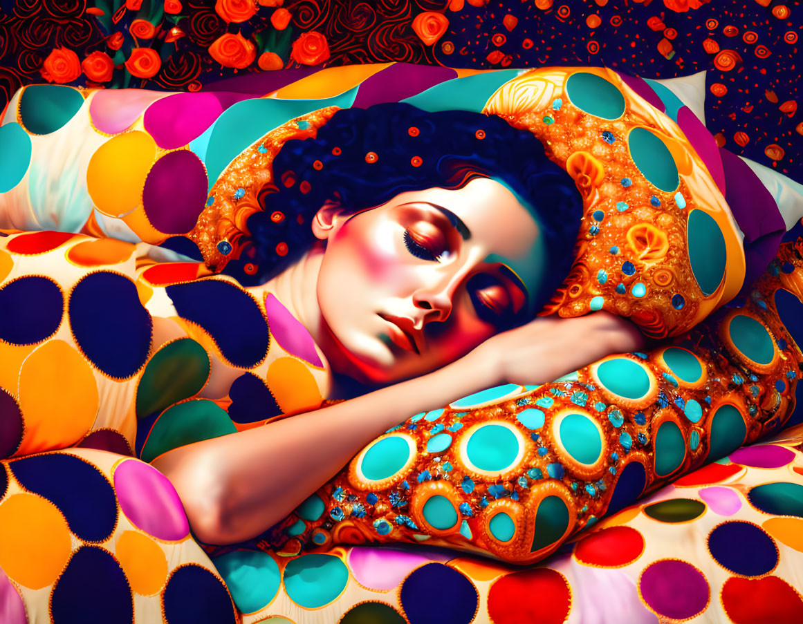 Woman resting among colorful patterned pillows and fabrics