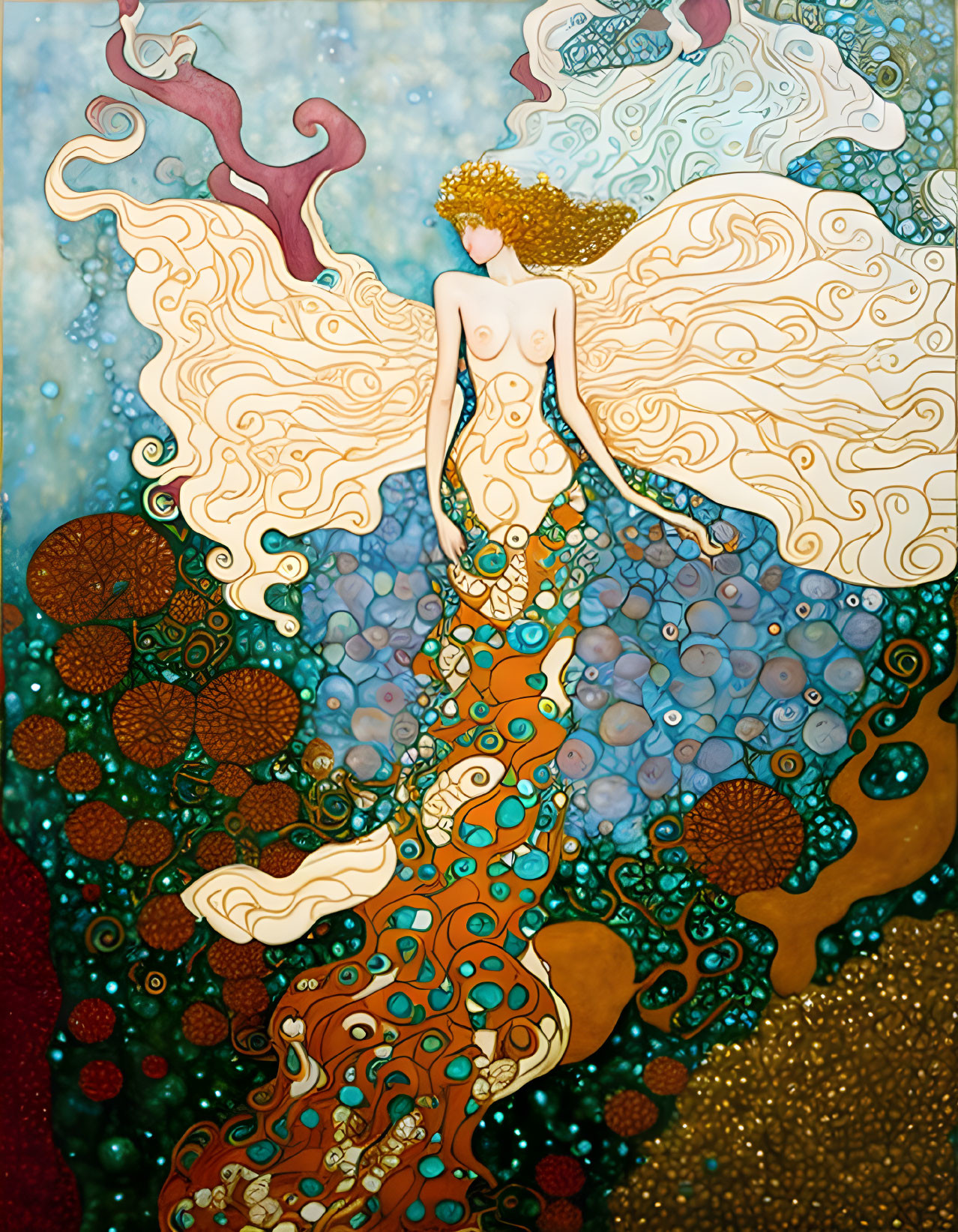 Stylized illustration of a woman merging with ornate underwater background